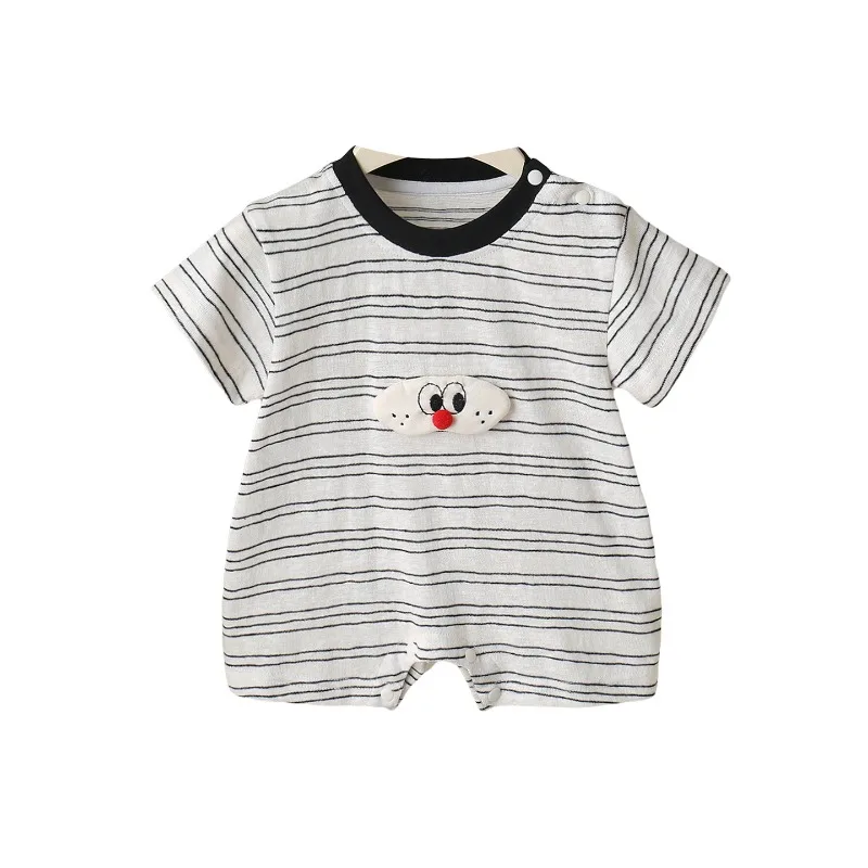 2026 Summer Style Fashion Cute Jumpsuit Thin Striped Round Neck Short Sleeved Newborn Baby Haye for 0-1 Years Unisex Pullover