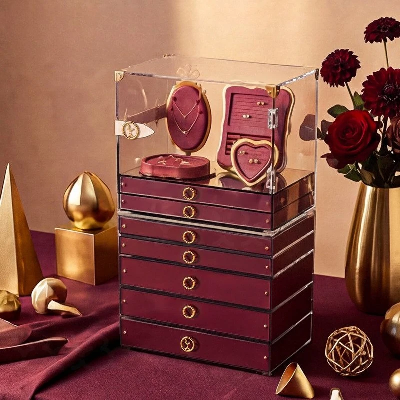 Red Jewelry Storage Box Desktop Shelf Household Dresser Drawer Storage Cabinet