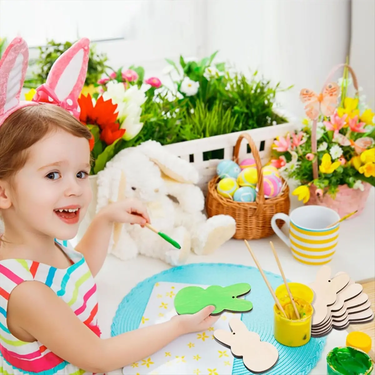 Reliable- 60 Pcs Unfinished Easter Bunny Wooden Ornaments Wooden Peep Bunny Cutouts to Paint Blank Wood-Rabbit Slices