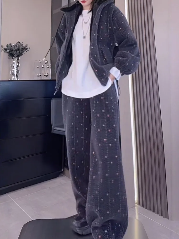 Autumn Winter Women Striped Hooded Jacket Wide Leg Pants Two Piece Set Streetwear Hip Hop Loose Fit Female Running Tracksuit