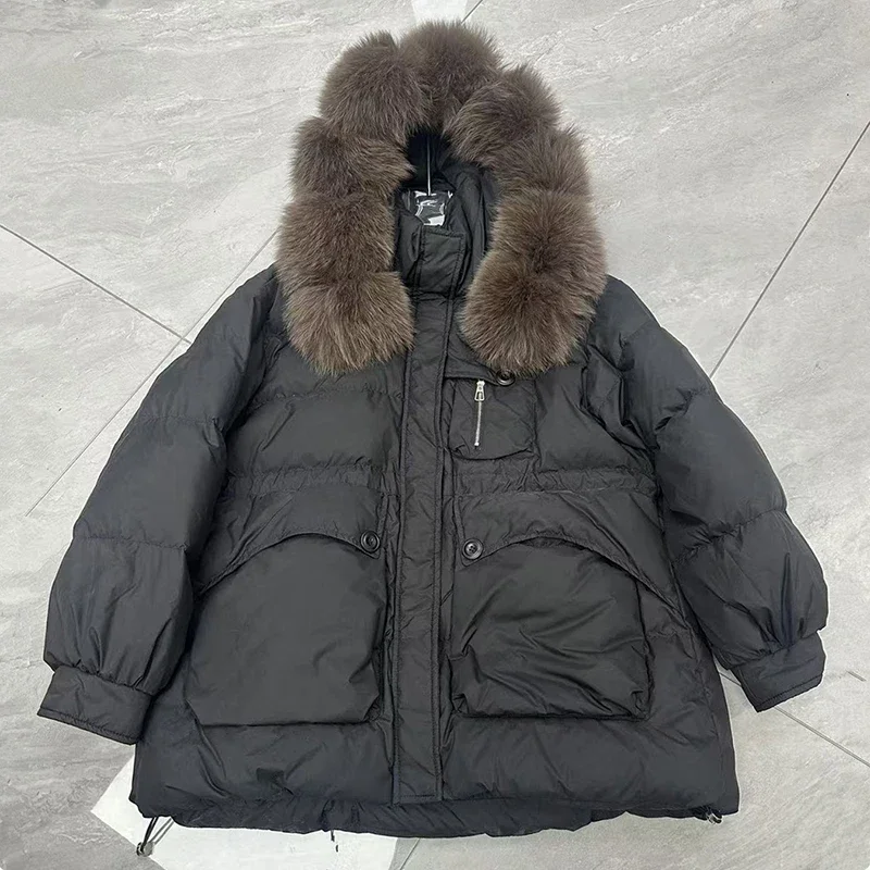 المرأة الأبيض بطة أسفل مقنعين باركر الشتاء الطبيعي كبير الفراء طوق منتصف طول أسفل سترة أبلى الإناث سستة سترة سميكة دافئة #3