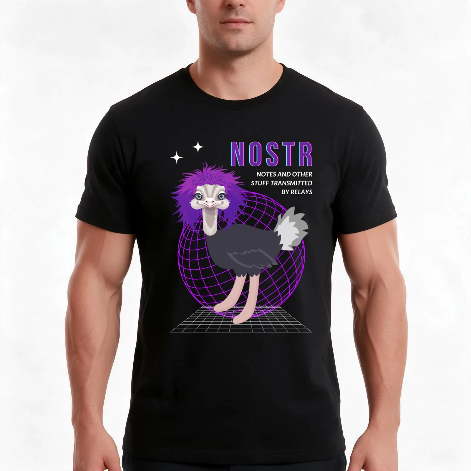 Nostrich NOSTR Ostrich with Messy Purple Hair T-Shirt, Summer Casual Cotton Tee, Oversized Streetwear Tops, Unisex Men Women