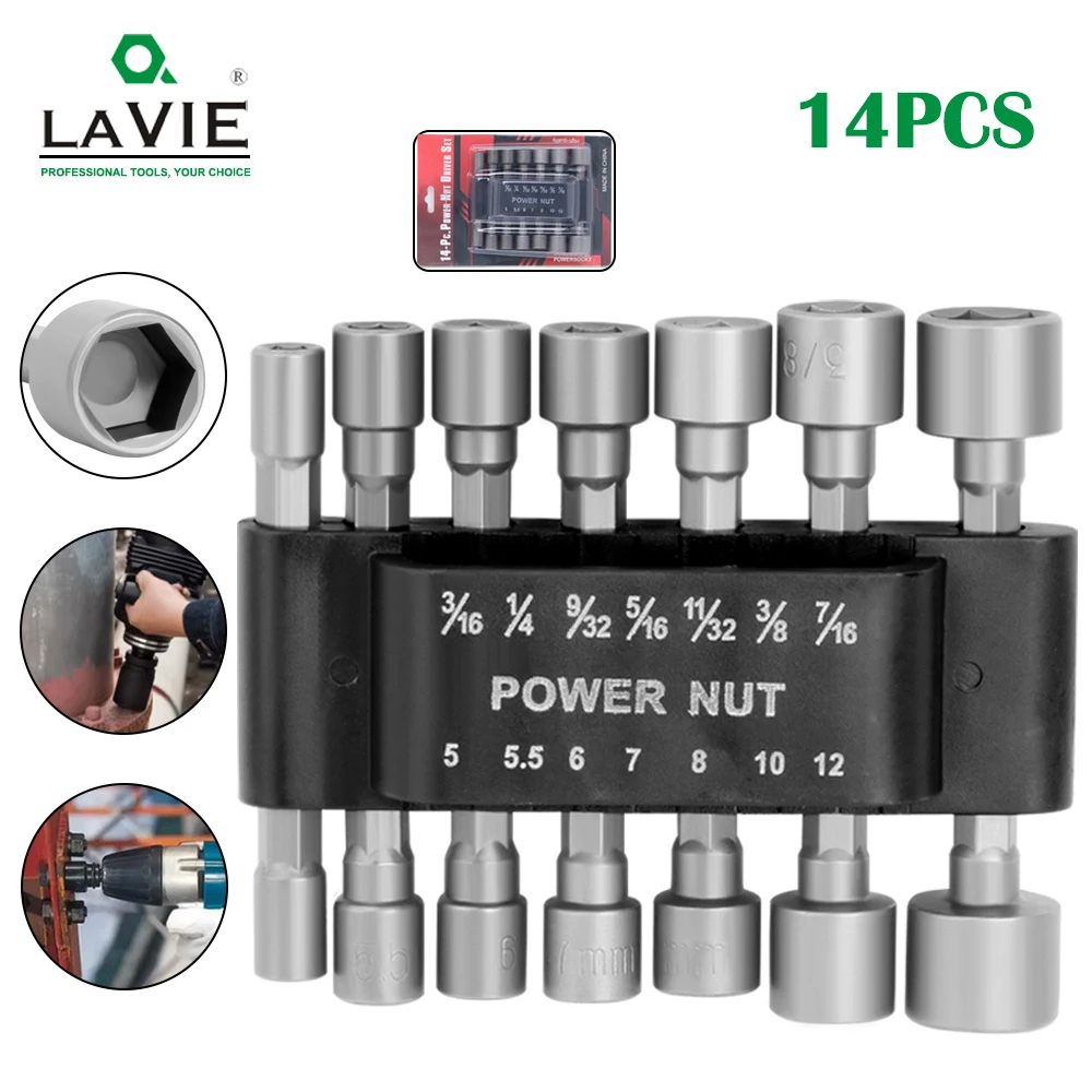 

LAVIE 1/4 6.35mm Shank 14Pcs Hex Sockets Sleeve Nut Driver Set, Screwdriver Set Bits Sets Socket Wrench Tools TT01T14A