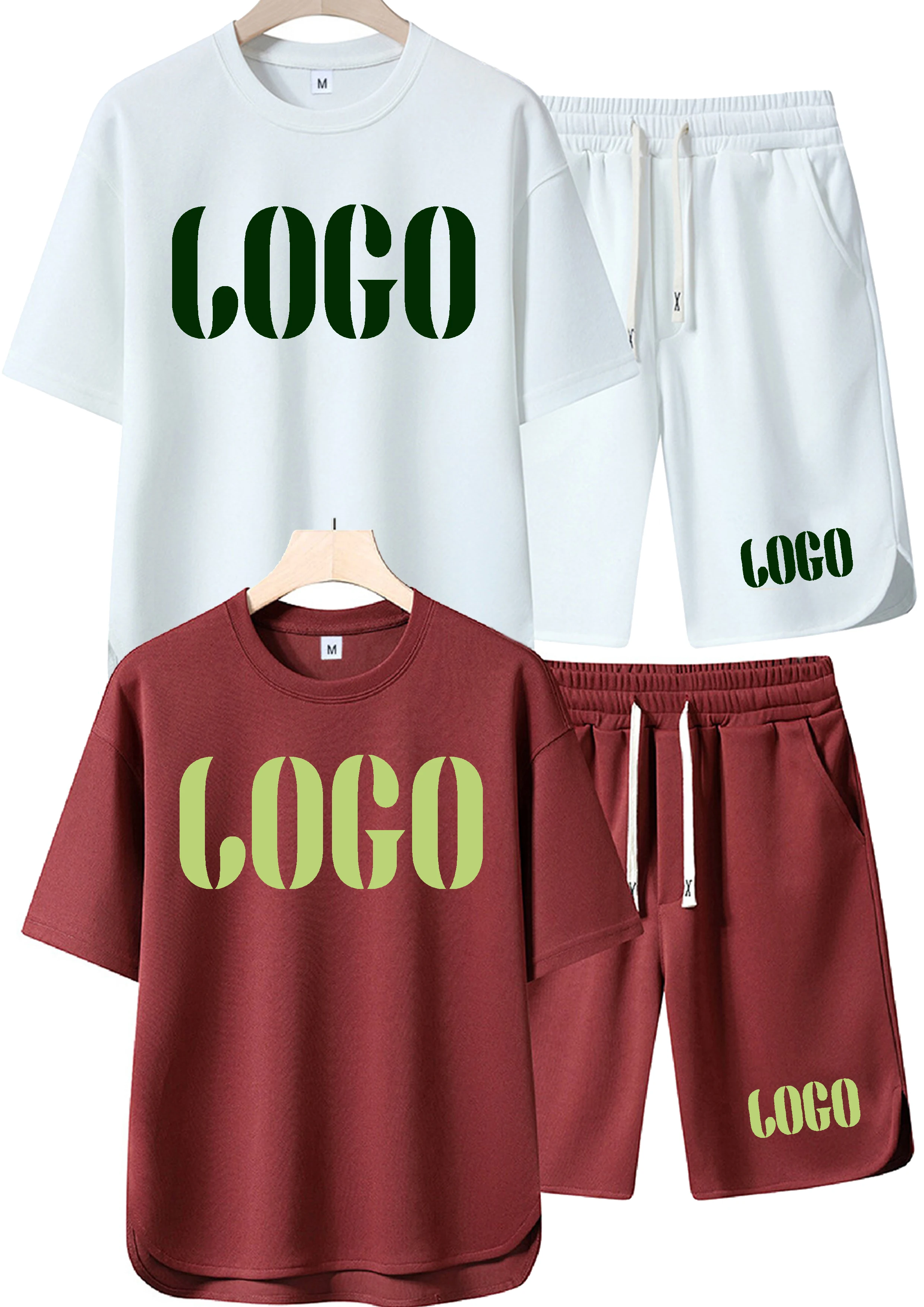 

DIY Customized 2025Men's European and American New Summer Waffle Solid Color Round Neck Short Sleeve Shorts Sports Two-piece Set