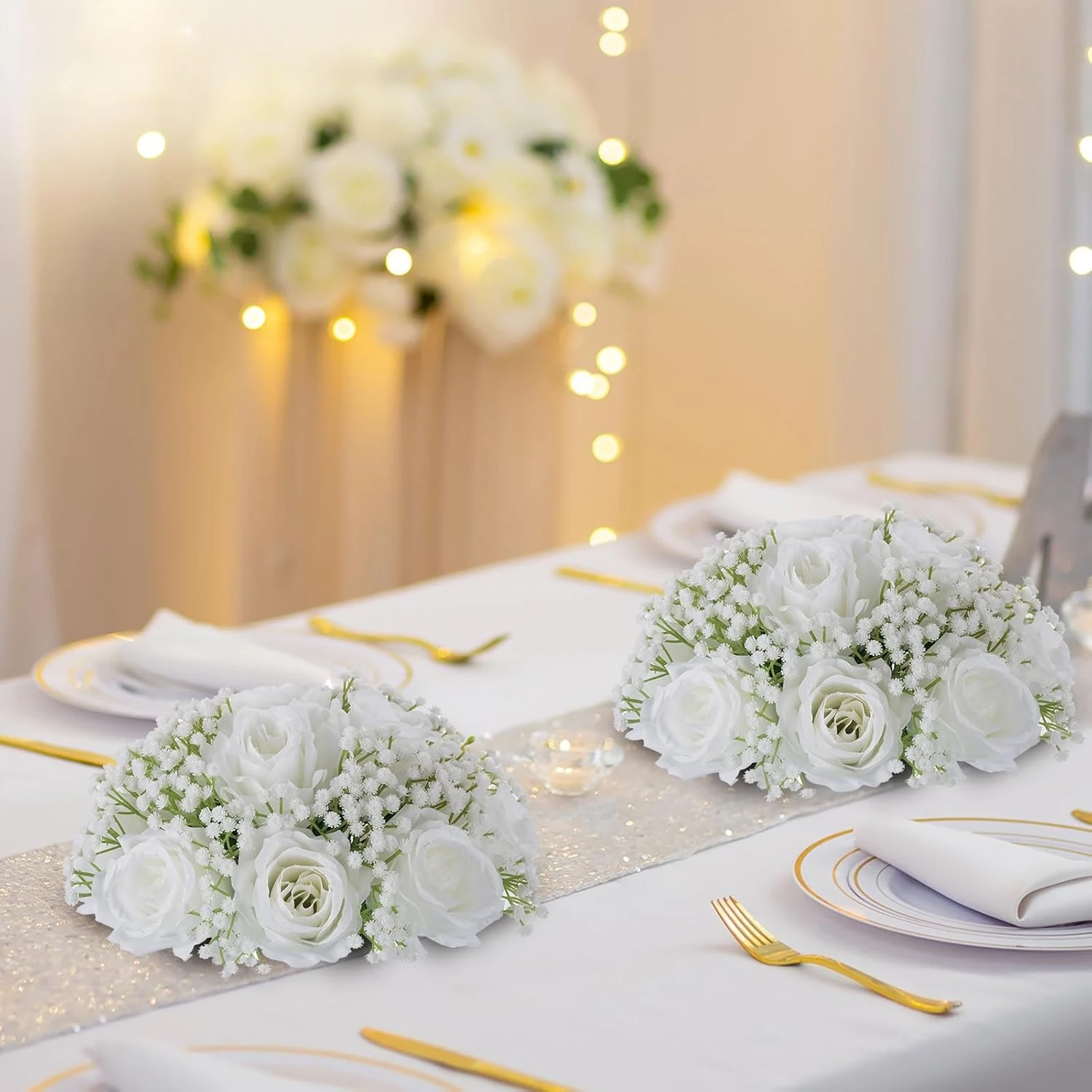 

Babys Breath Artificial Flowers: 10 Pcs 9.4 inch Diameter White Rose Ball Fake Arrangement Bouquet for Wedding