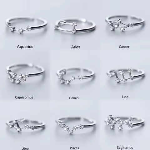 Minimalist Inlaid Cubic Zircon 12 Constellation Rings For Women Zodiac Sign Adjustable Finger Ring Simple Silver Color Jewelry