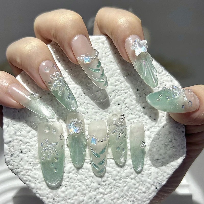 10PCS Summer Ocean Waves Fishtail Green Long Oval Handmade Press On Nails Cottagecore Stars Cat Eye Glitter Fake Nails Nail Art
