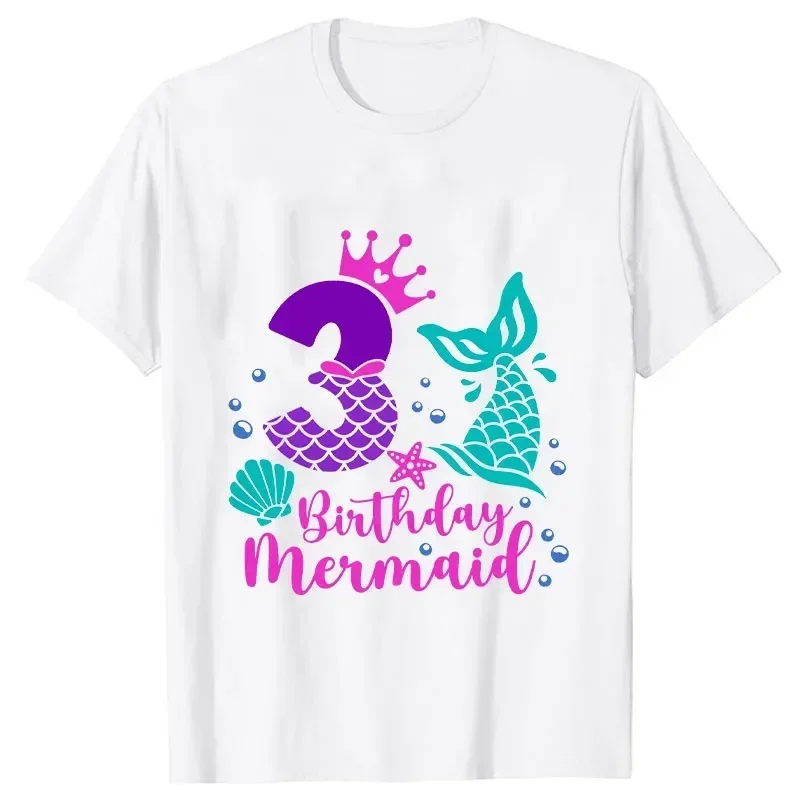 1~9 Years Old Birthday Girls Party T-shirt Mermaid Kawaii Graphic Short Sleeve Tees Matching Family Clothes Unisex Kids Tops