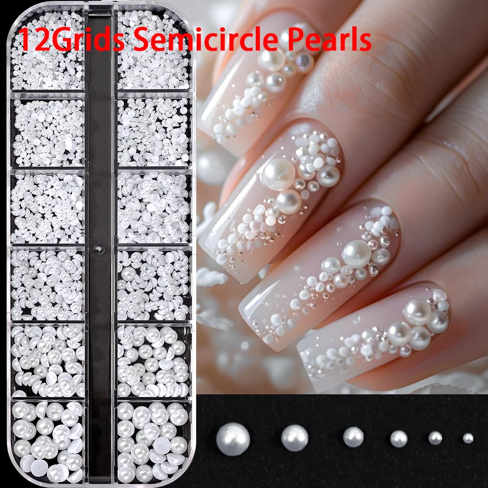 12 กริด 3D สีขาวรอบ/ครึ่งวงกลมไข่มุกเล็บ Charms 0.15-0.5 ซม.Faltback เพิร์ลคาเวียร์ลูกปัด Rhinestone DIY อุปกรณ์แต่งเล็บ