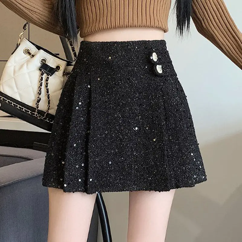 sequin pink suit short skirt women's autumn and winter pleated skirt coarse floral woolen high waisted skirt