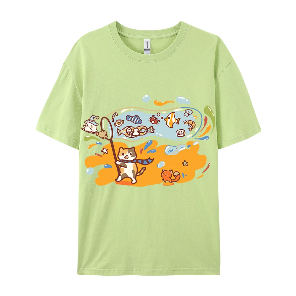 Mała rybka w ogromnej bąbelkowej bawełnie koszulki damskie kreskówki topy z nadrukiem O-Neck miękka obszerna koszulka letnia odzież codzienna