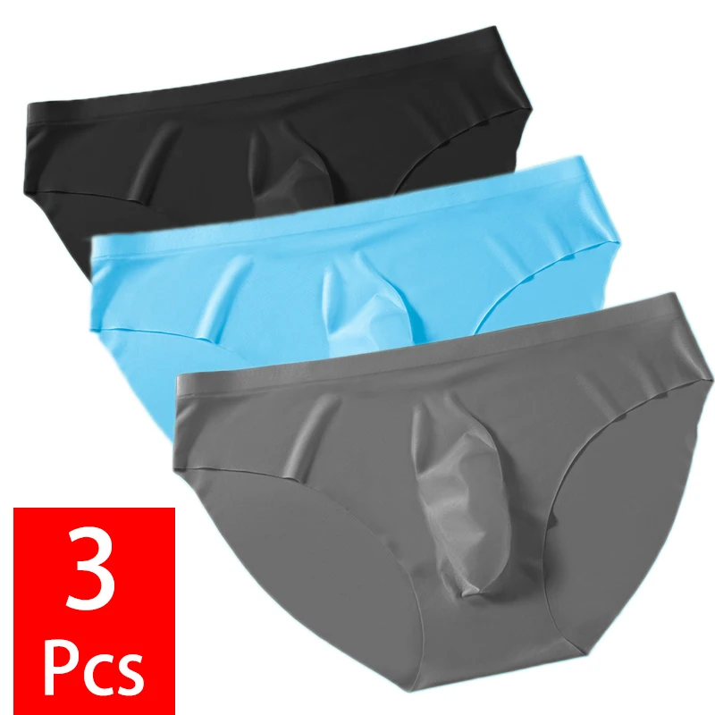 

3PCS/lot Men's Ice Silk Briefs Ultra-thin Transparent Seamless Underpants 3D Pouch Sexy Quick Dry Breathable Underwear Panties