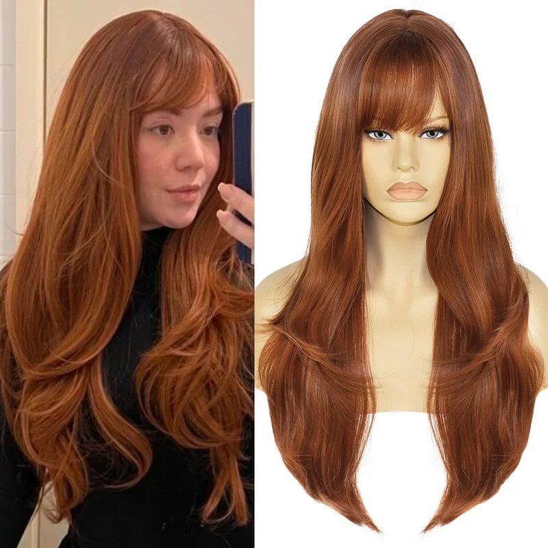 28 Inch Ginger Wig - Auburn Wavy Long Wig with Bangs - Synthetic Wig for Wome...