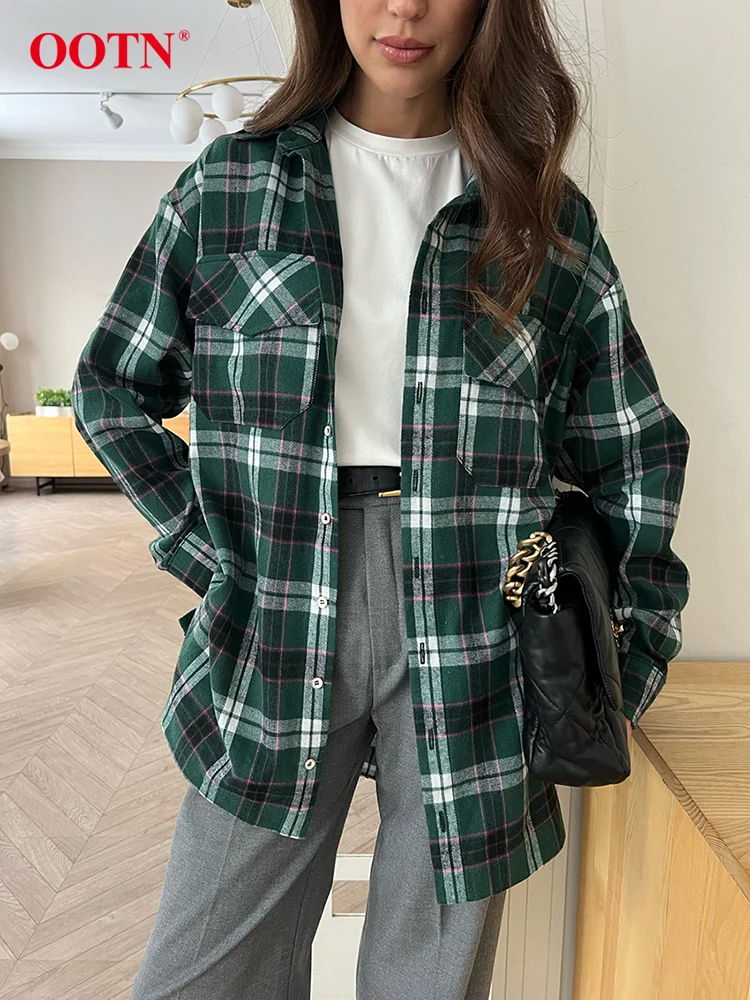 OOTN Elegant Plaid Green Shirts Blouses Women Fashion Long Sleeve Pockets Loose Shirts Coats Streetwear Long Sleeve Shirts 2024