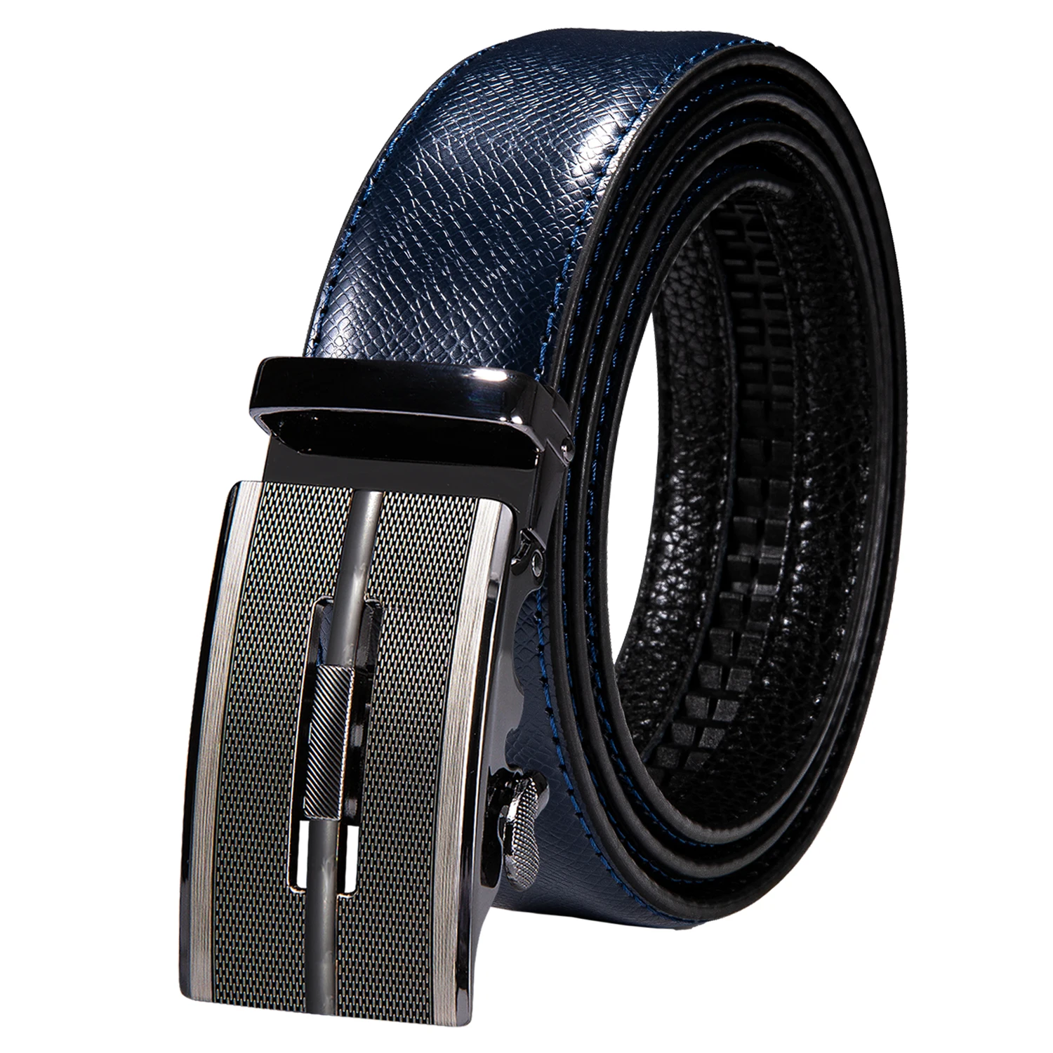 Hi-Tie Mens Belts Blue Navy Orange Genuine Leather Automatic Buckle Men Belt Adjustable Waistband For Dress Jeans Wedding Party