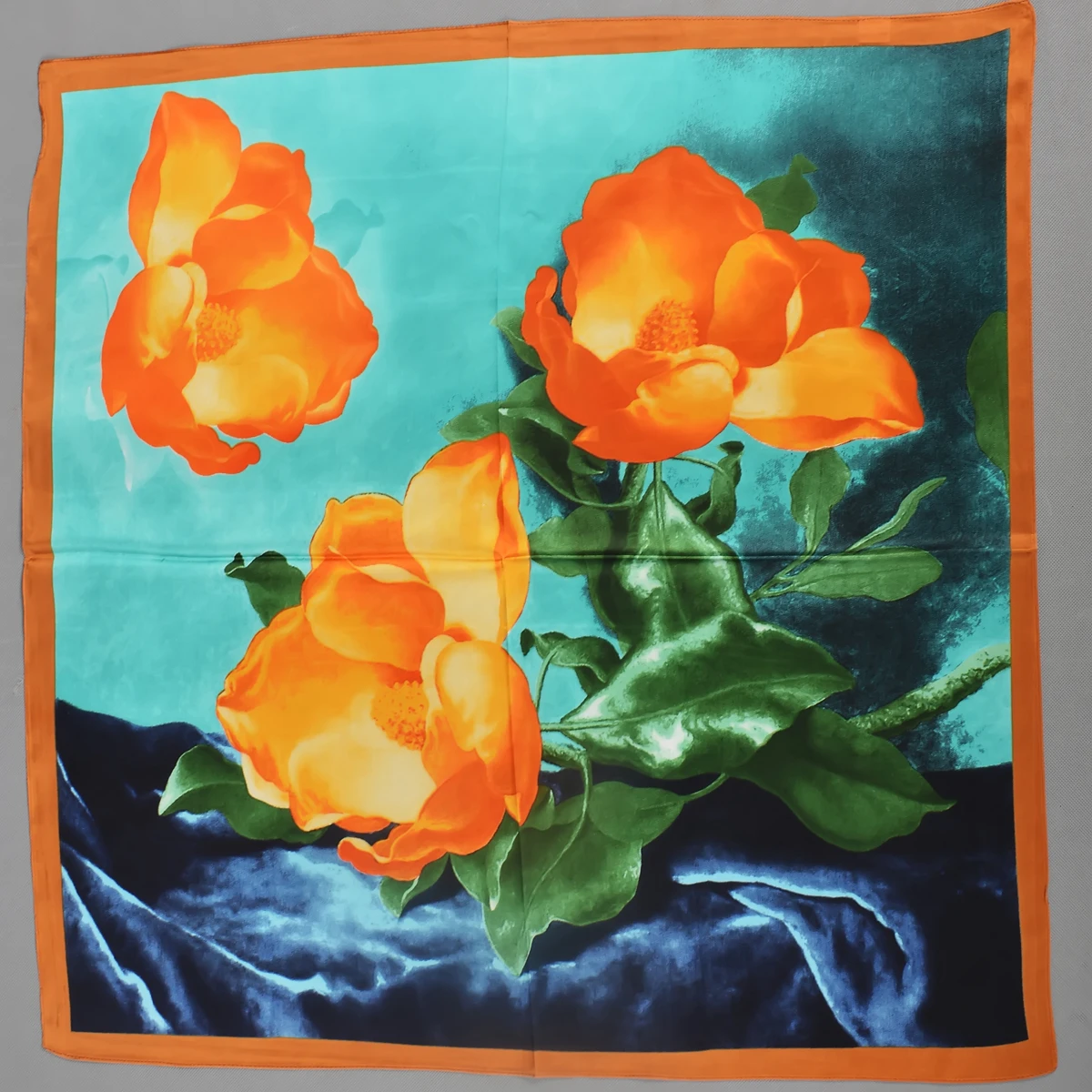 BYSIFA|Women Orange Blue Silk Square Scarves Hijabs Elegant Floral Printed Silk Neck Scarf Foulard Winter Head scarves Accessory