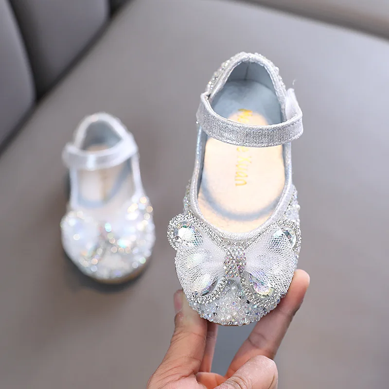 Zapatos de cuero con lentejuelas para bebé pequeño, zapatos de princesa con diamantes de imitación para niña, zapatos planos antideslizantes con lazo para boda