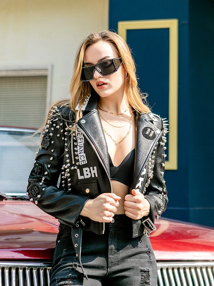 Punk Studded Leather Jacket Women 2024 Trend Punk Rock Style Streetwear Graffiti Print Black Faux Leather Cropped Jackets