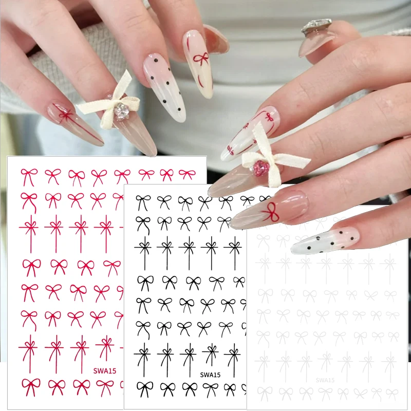 1/5 Stuks Mini Strik Ontwerp Nail Art Sticker Zelfklevend Zwart Wit Roze Rode Kanten Linten Strik Stickers Diy Nail Art Decoratie