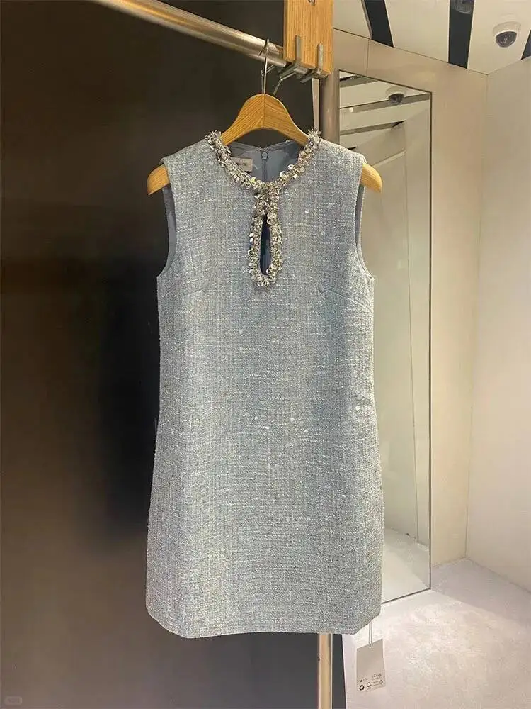 Quality Autumn Winter Fashion French Celebrity Sequin Prom Dress Women Pearls Beaded Tweed Dresses Lady