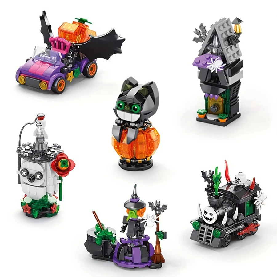 6-in-1 Halloween Building Block Set - Holiday Toy Train Building Block Set, Creative Building Block gifts.