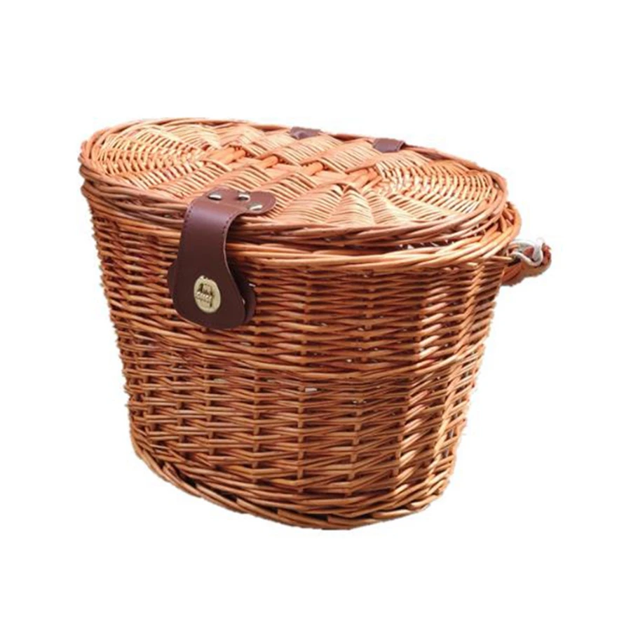 Bicycle Front Basket Wicker Road Bike Basket with Leather Belt Handmade Natural Rattan Bike Storage Basket Cargo