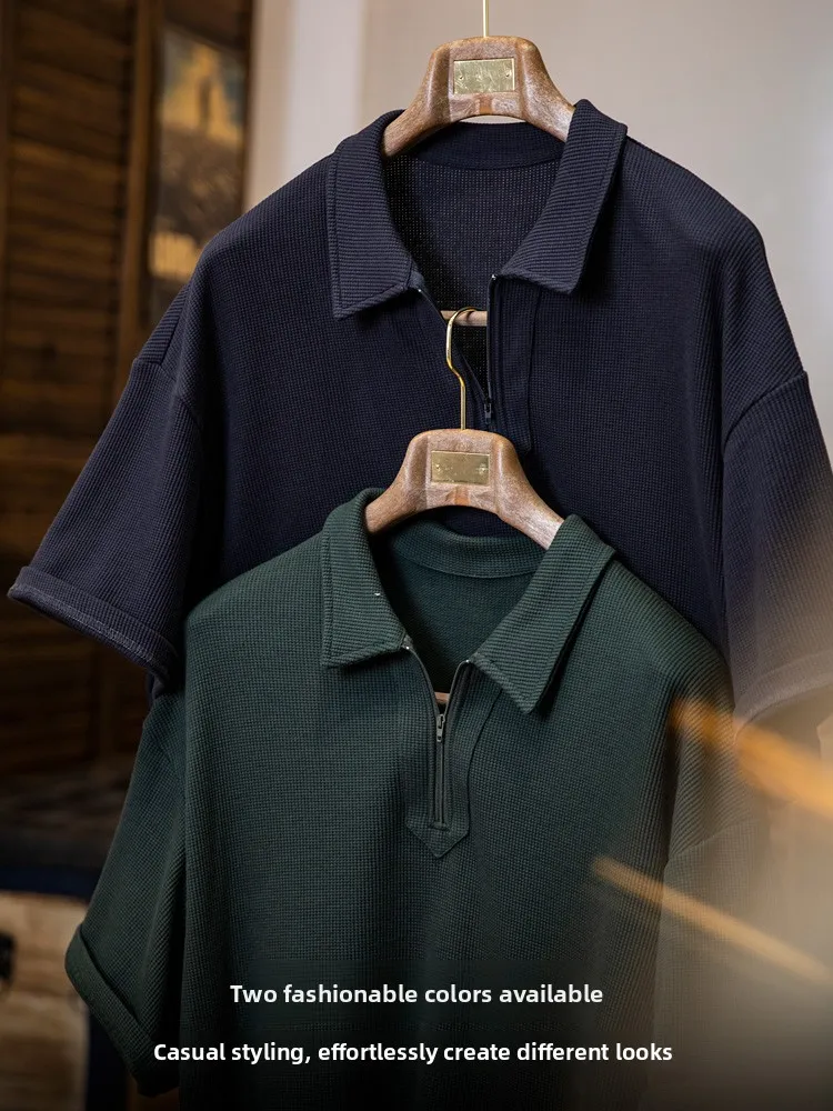 Casual Half Zip  Shirt Men's Summer Short Sleeve Turn-down Collar American Style Breathable Cotton Polyester Blend T-shirt