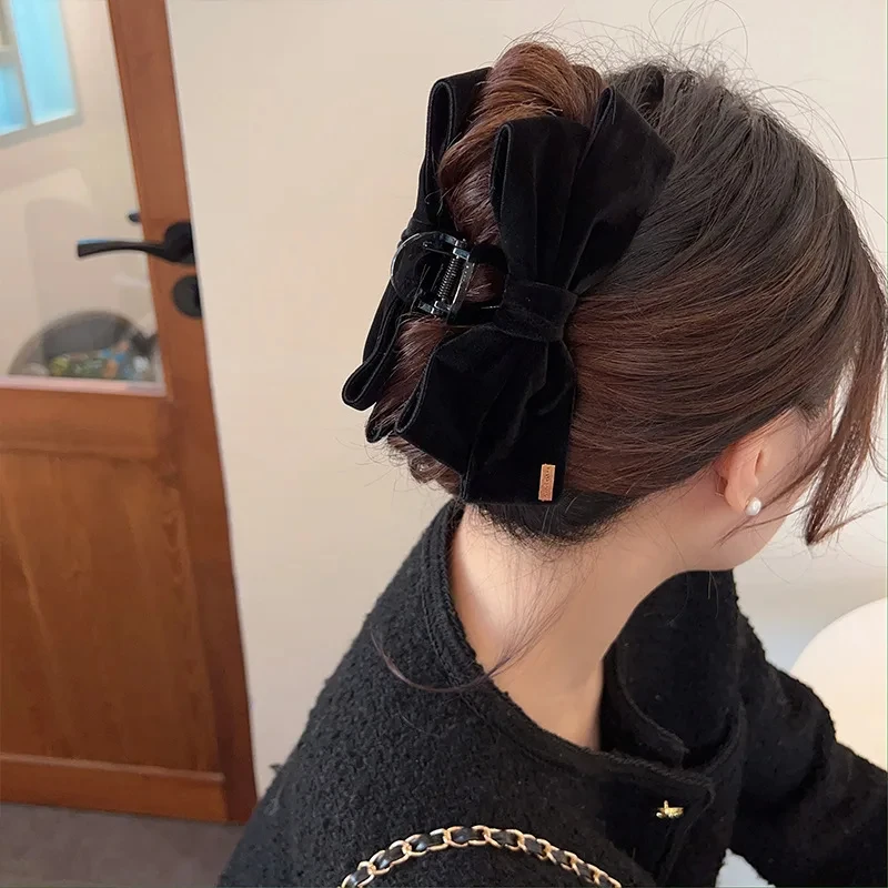 Pinzas para el pelo de terciopelo negro de doble cara para mujer, Clips de tiburón con textura avanzada, horquilla para la Cabeza trasera, pasadores de moda, accesorios para el cabello