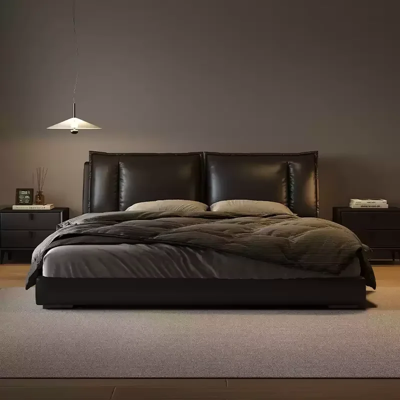 Leather Nordic Double Bed Frame Simple Black Pretty Italian Modern Hotel Bed Bedroom Villa Cama Matrimonial Bedroom Furniture