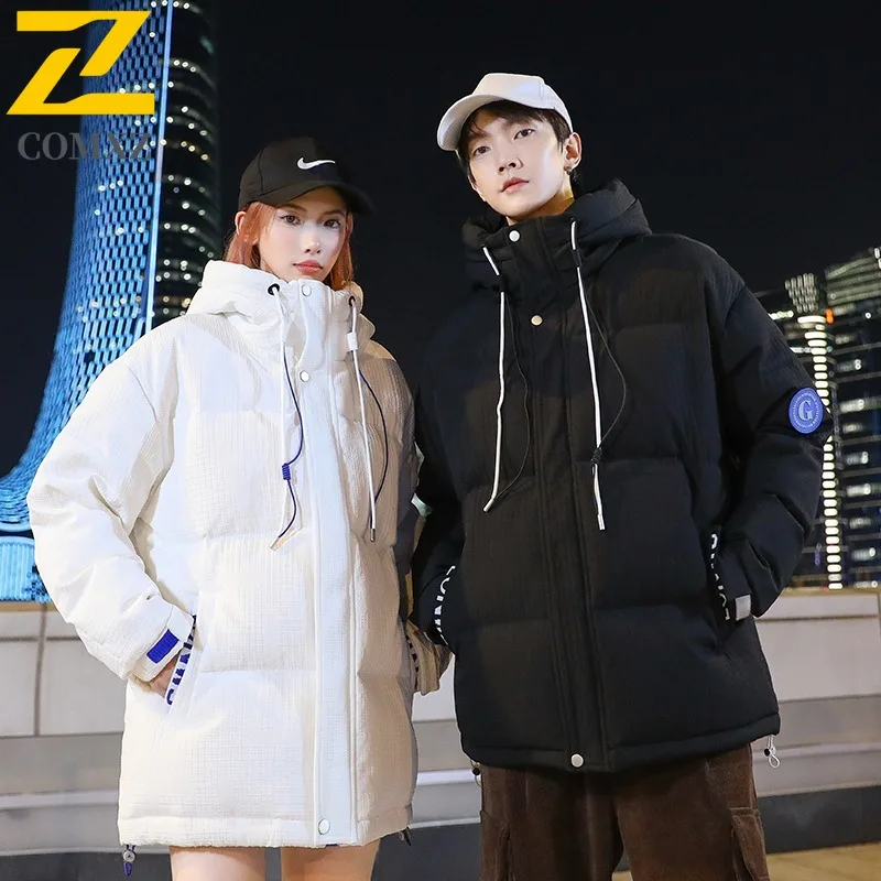 COMXZ 2025 Winter Couple Solid Color Hooded Down Jacket Men Women Thickened Warm Trendy White Duck Feather Parka Coat