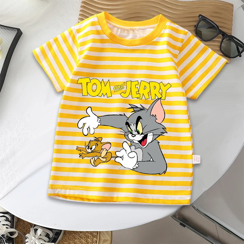Tom and Jerry Stripe T-shirt Short Sleeve Casual Wear Cute Cartoon Boys Girls Clothes Fashion Printed Tops Birthday Shirts Gifts