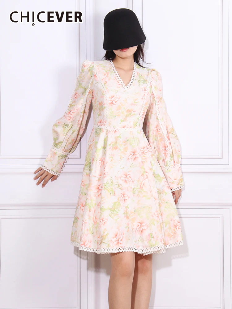 

CHICEVER Casual Printing Dresses For Women V Neck Lantern Sleeve High Waist Elegant Hit Color Autumn Vintage A Line Dress Female