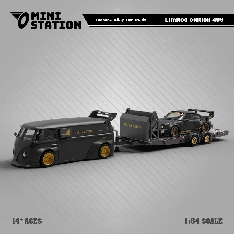 

Mini Station 1:64 RWB & T1 Van Stella Artois Matte Black w/Trailer limited499 Diecast Model Car