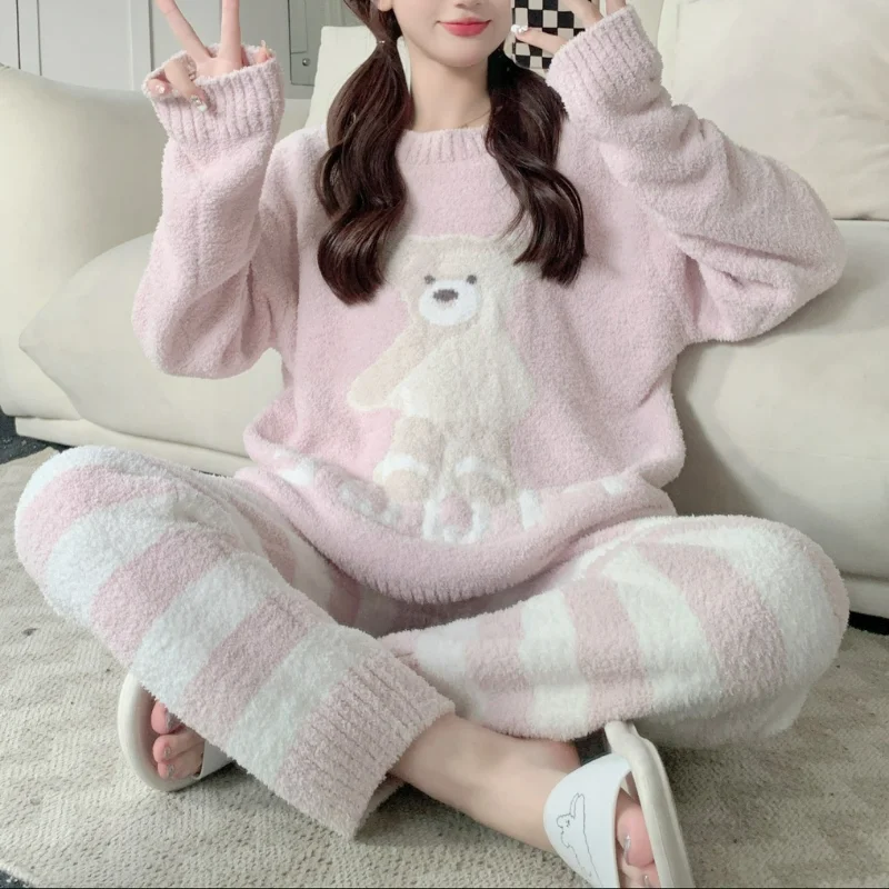 Kuzuwata O Neck Cartoon Bear Long Sleeve Top Sleepwear+high Waist Stripe Pant Pajama Sets Japanese Casual Home Wear Underwear