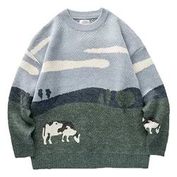 Harajuku Cows Print Vintage Winter Sweaters 2023 Pullover Korean Fashion Long Sleeves O-neck Cotton Knitted Unisex Clothes