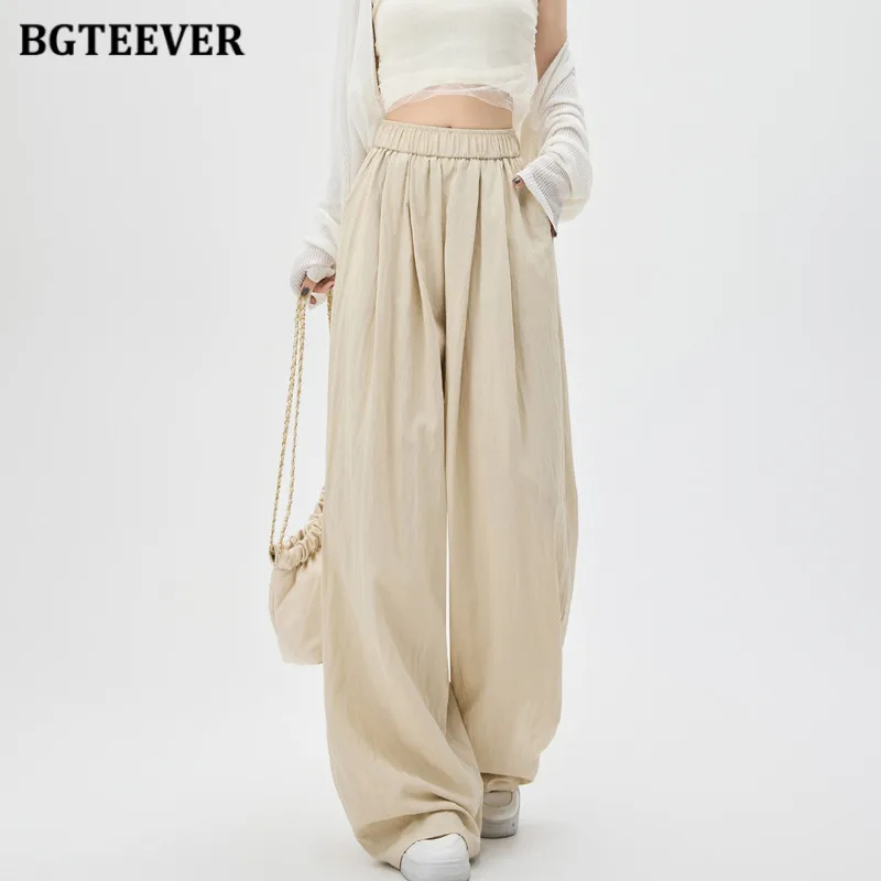 BGTEEVER Spring Summer Pockets Elastic Waist Female Long Trousers Casual Loose Women Wide Leg Pants