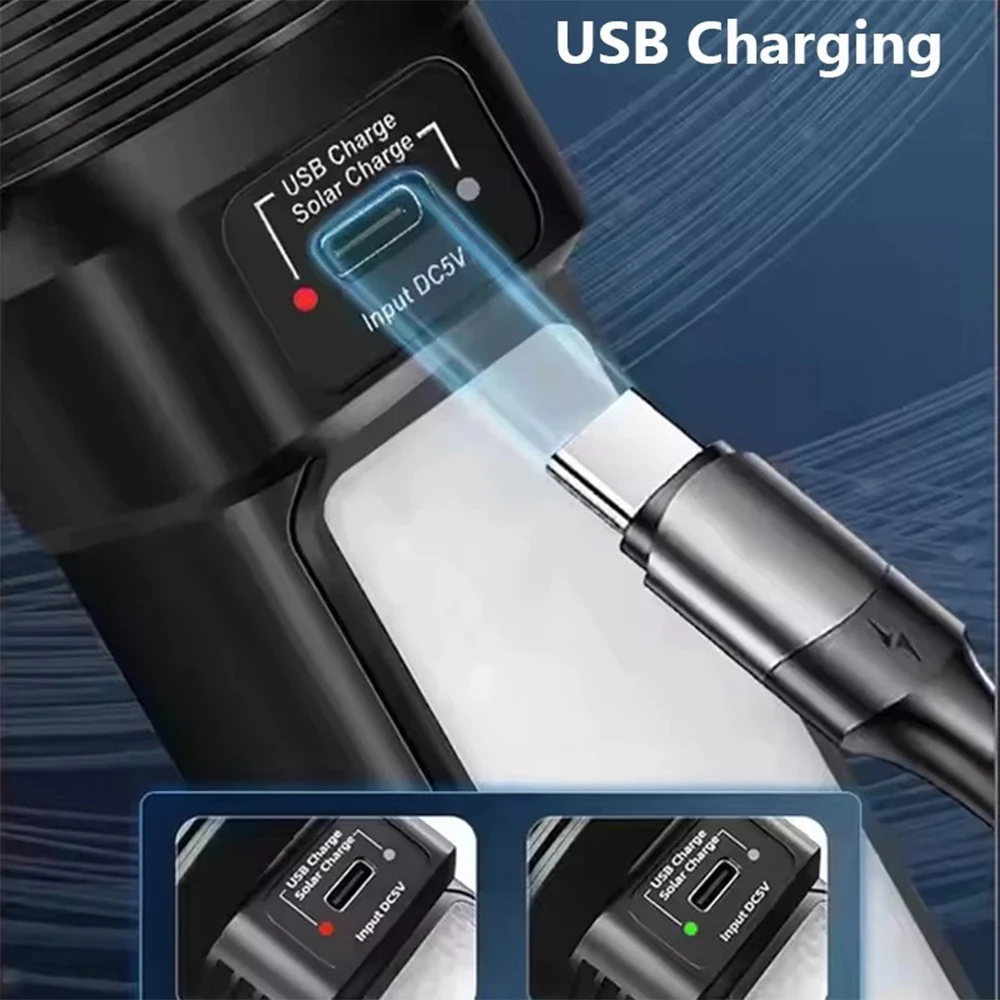 Powerful LED Flashlight With COB Side Light Lantern USB Rechargeable Solar Powered Handheld Torch For Outdoor Camping Fishing