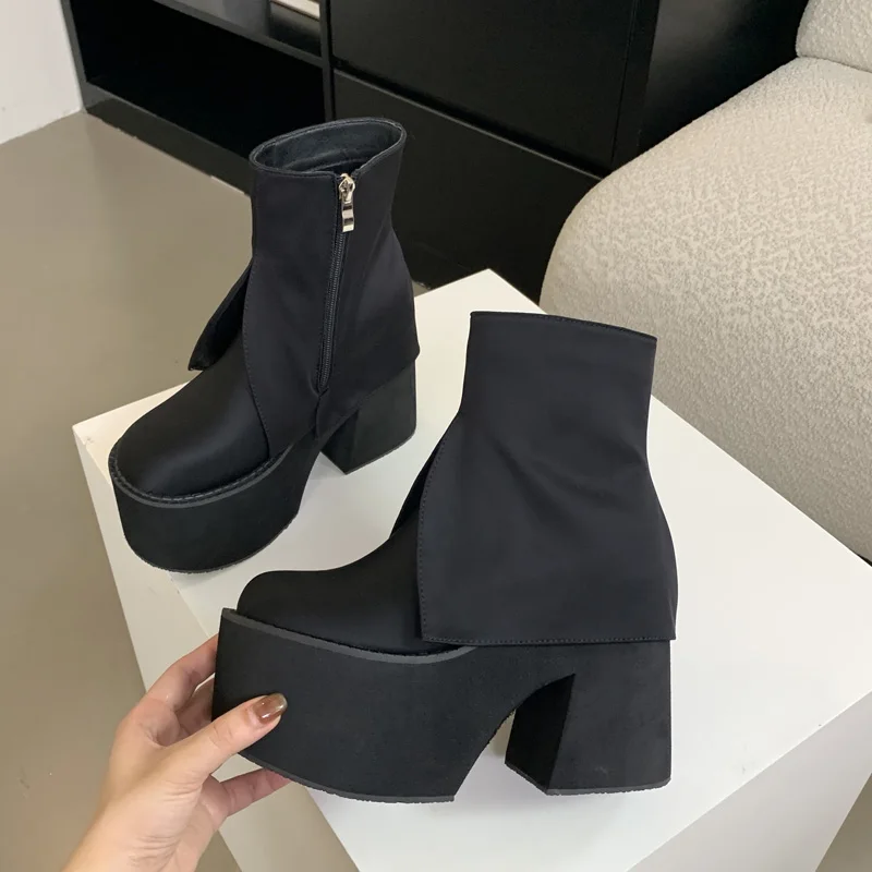 Black Ankle Boots For Women Platforms Chunky Shoes 11cm Heeled Patent Leather  High Heel Boots Fall Punk Botas De Mujer