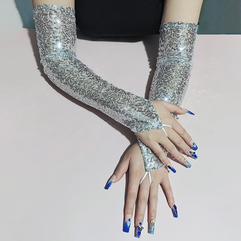 50cm Sequins Long Hook Finger Women Gloves Nightclub Stage Performance Party Sexy Cosplay Clothing  Long Fingerless Mittens