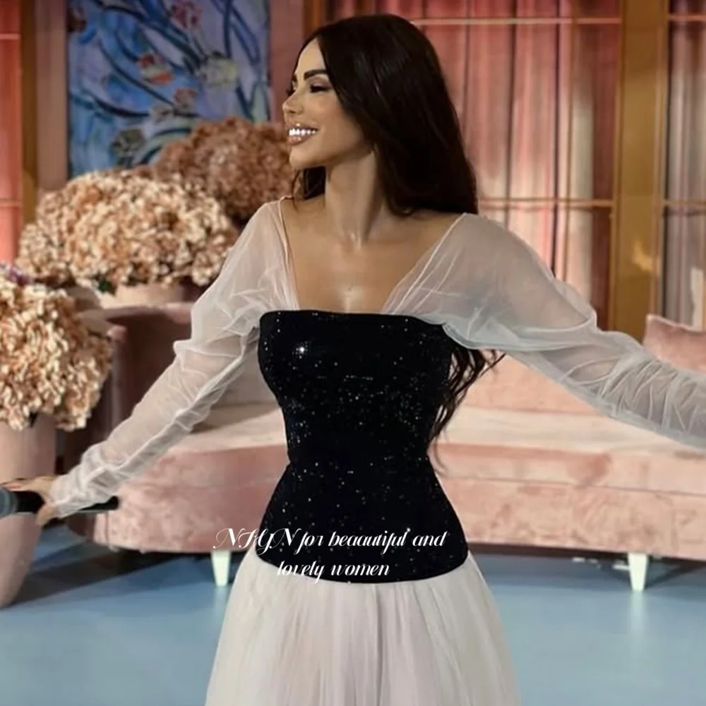 NFYN ブラック プロムガウン 長袖 プロムドレス フォーマル イブニングドレス プリーツ コルセットトップスタイル アラビア女性向け カスタムメイド