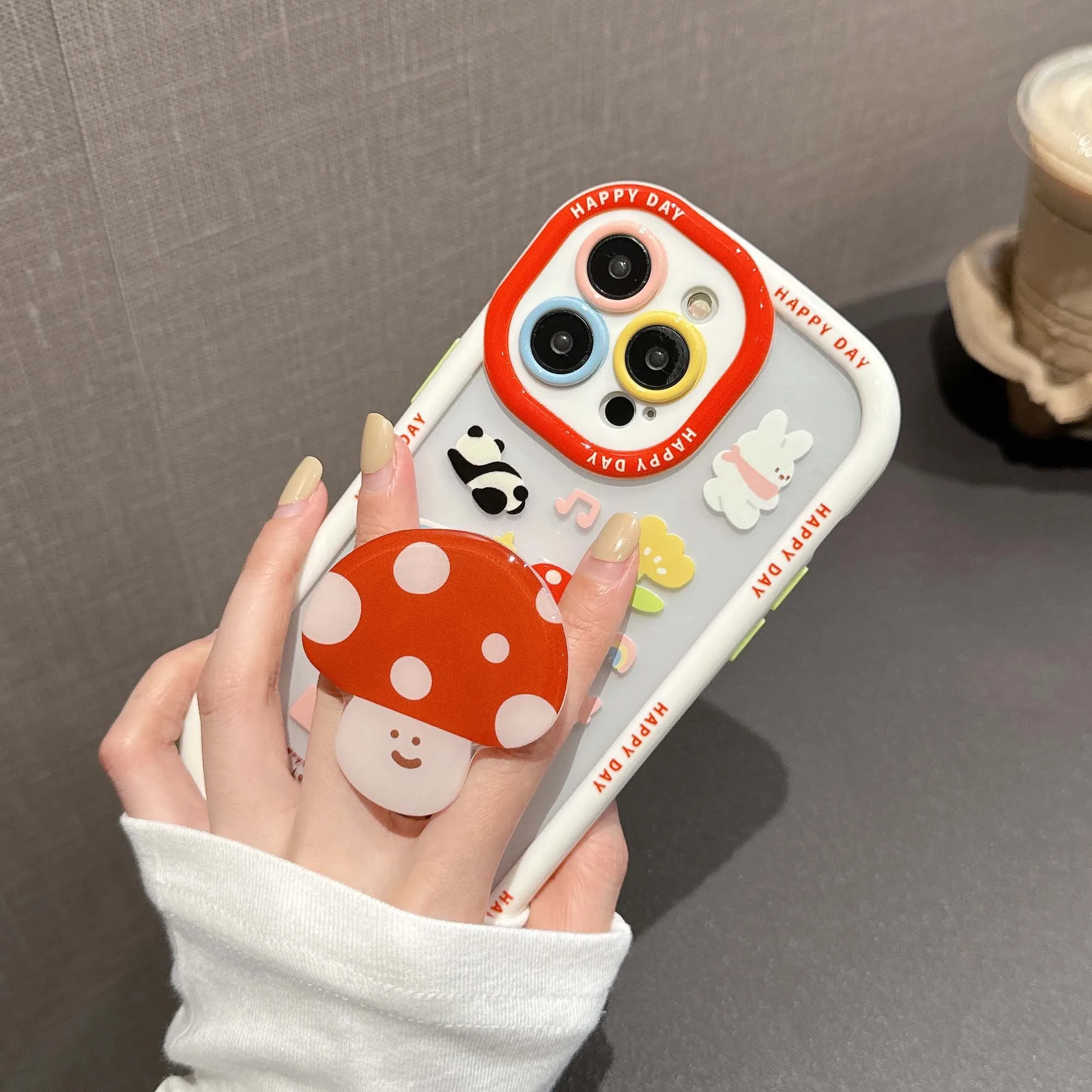 Cartoon red mushroom stand holder cover for iphone 15 pro max 13 14promax 15pro 12 with rope cute animals transparent phone case