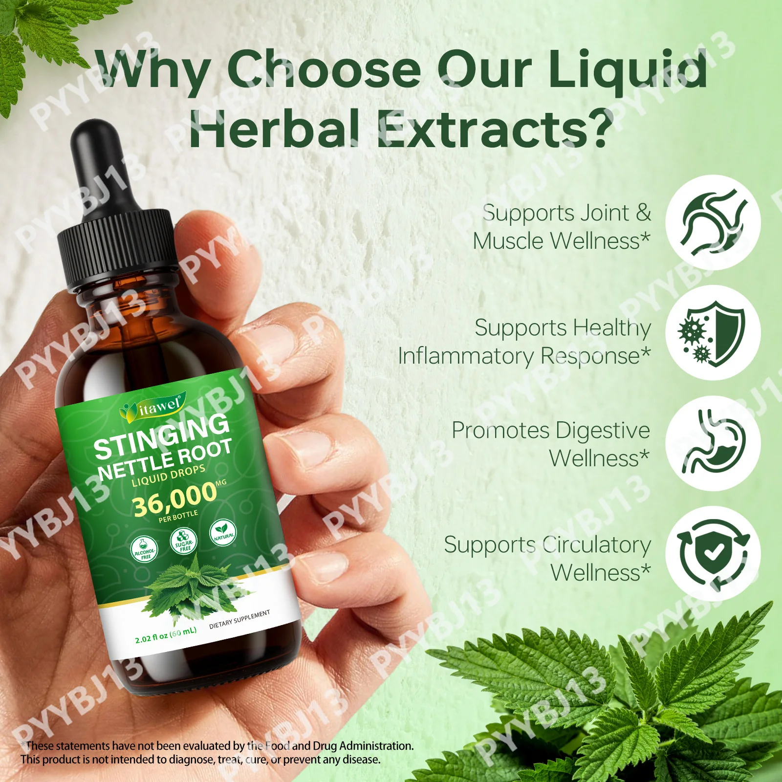 Itawel Stinging Nettle Root Liquid Drops, 36000mg 60mL Vegan Tincture, Alcohol‑Free Sugar‑Free, Boost Muscle Comfort,Circulatory