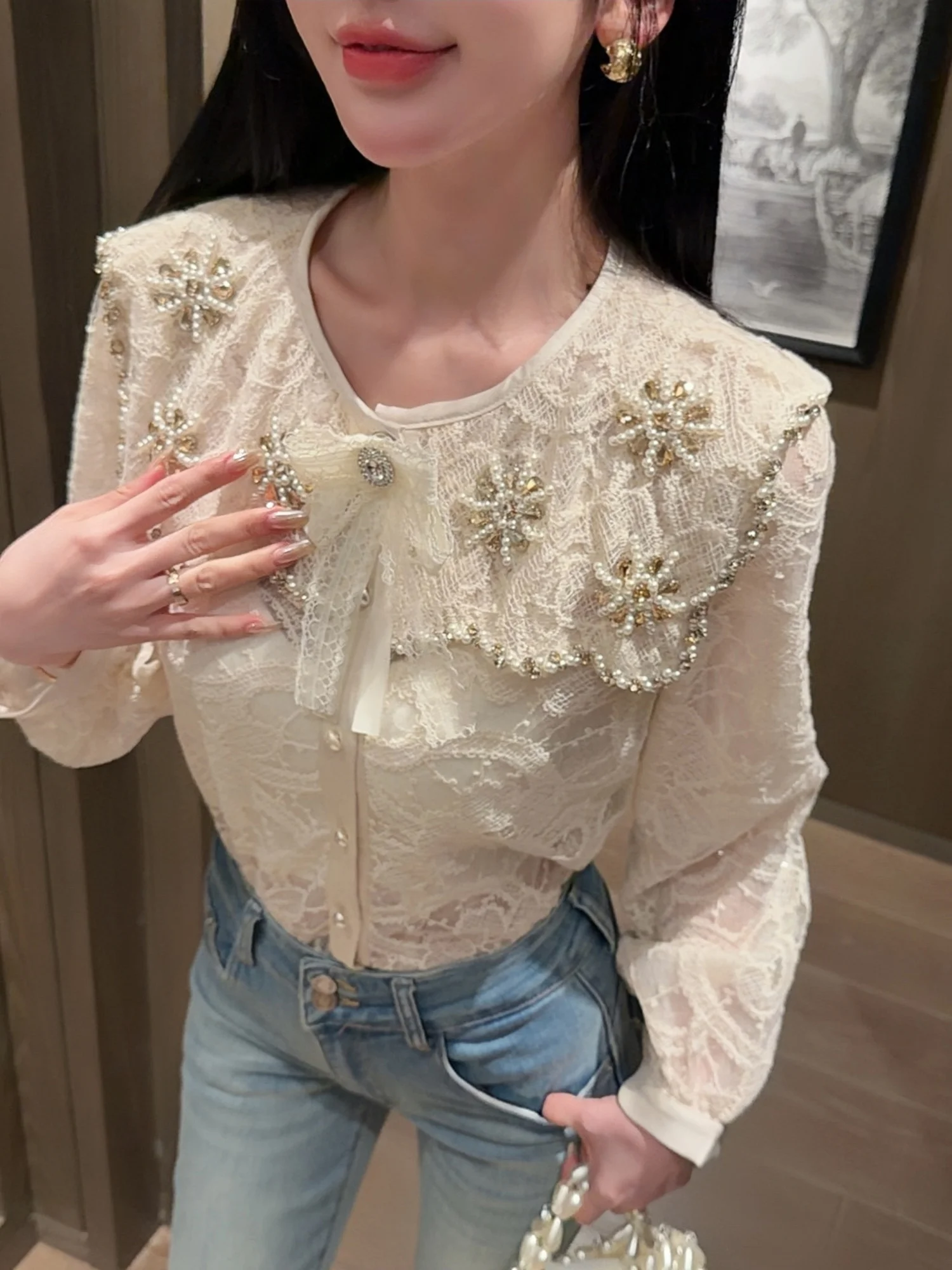 

Elegant Long Sleeve Lace Shirt for Women with Knot Heavy Embroidery Cotton Breathable Casual Fashion Spring Shirt