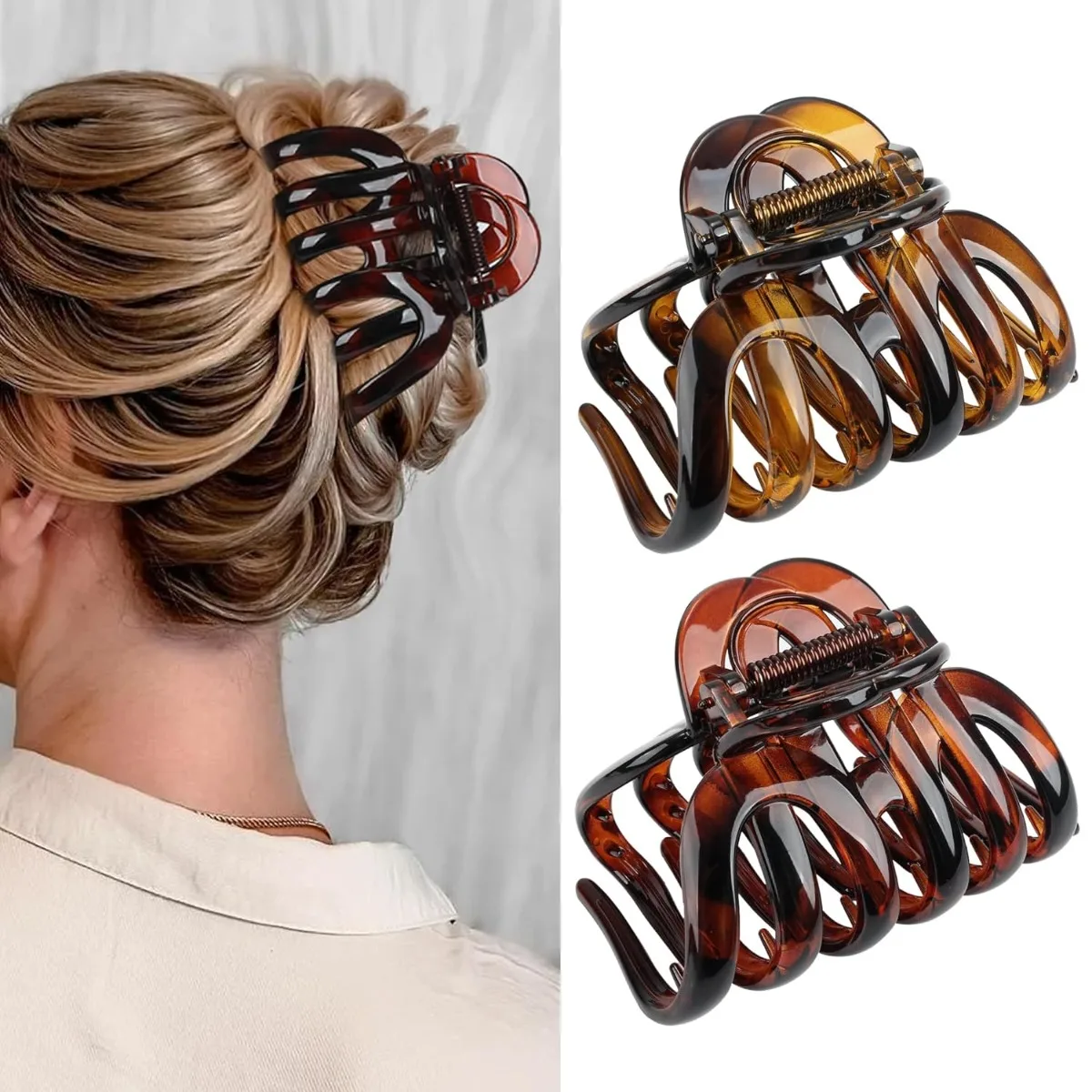 Image of 2 Stück Schildpatt-Haarklammern aus Kunststoff, große, rutschfeste Haarklammern mit starkem Halt, Retro-Haar-Accessoires für dickes Haar