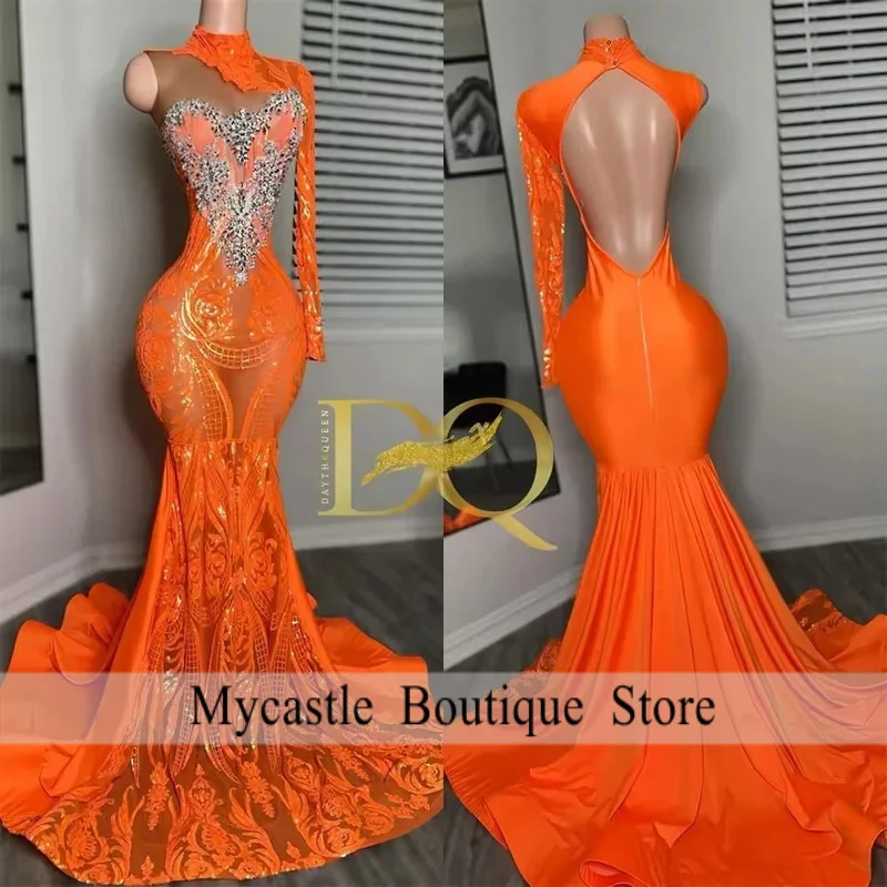 럭셔리 오렌지 스팽글 레이스 긴 소매 댄스 파티 드레스 2026 블랙걸스를위한 아프리카 인어 생일 파티 드레스 맞춤형
