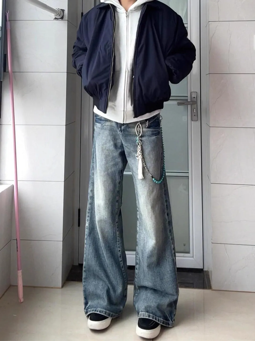 

Cleanfit American High Street Blue Lightning Pattern Flared Jeans Men's Autumn Winter Slim Straight Leg Denim Pants