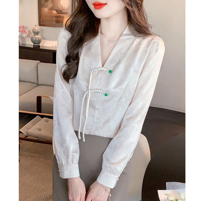 2024 Spring Autumn Women Chinese Style Vintage Satin Blouse Elegant Chic V Neck Slim Shirt Female Casual Solid Long Sleeve Tops