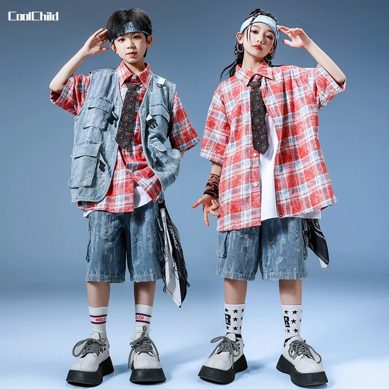 Hip Hop Boys Paid Shirt Denim Vest Loose Jeans Girls Streetwear Street Dance Ripped Shorts Child Clothes Sets Kids Teens Costume