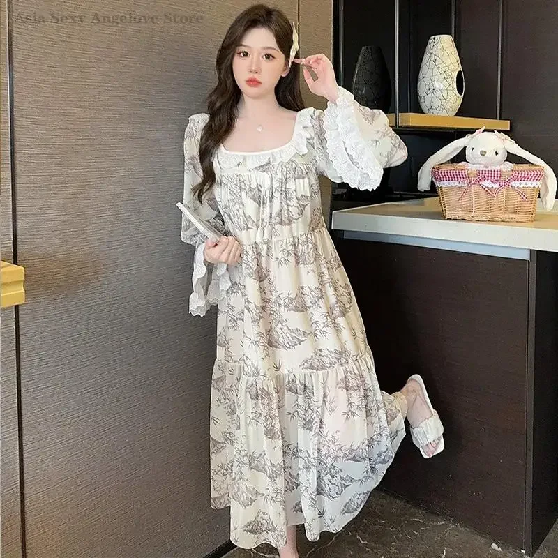 

Princess Style Nightgown Spring Summer Printed Home Dressing Sweet Square Collar Lace Nightdress Long Sleeved Chemise Sleepwear