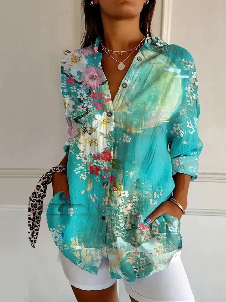 Francja Moda Śliczny wzór Kontrastowy kolor Bluzka z długim rękawem Zapinane na guziki Koszule Luźne Casualowe Kobiety Wiosna Lato Długa koszula Y2K